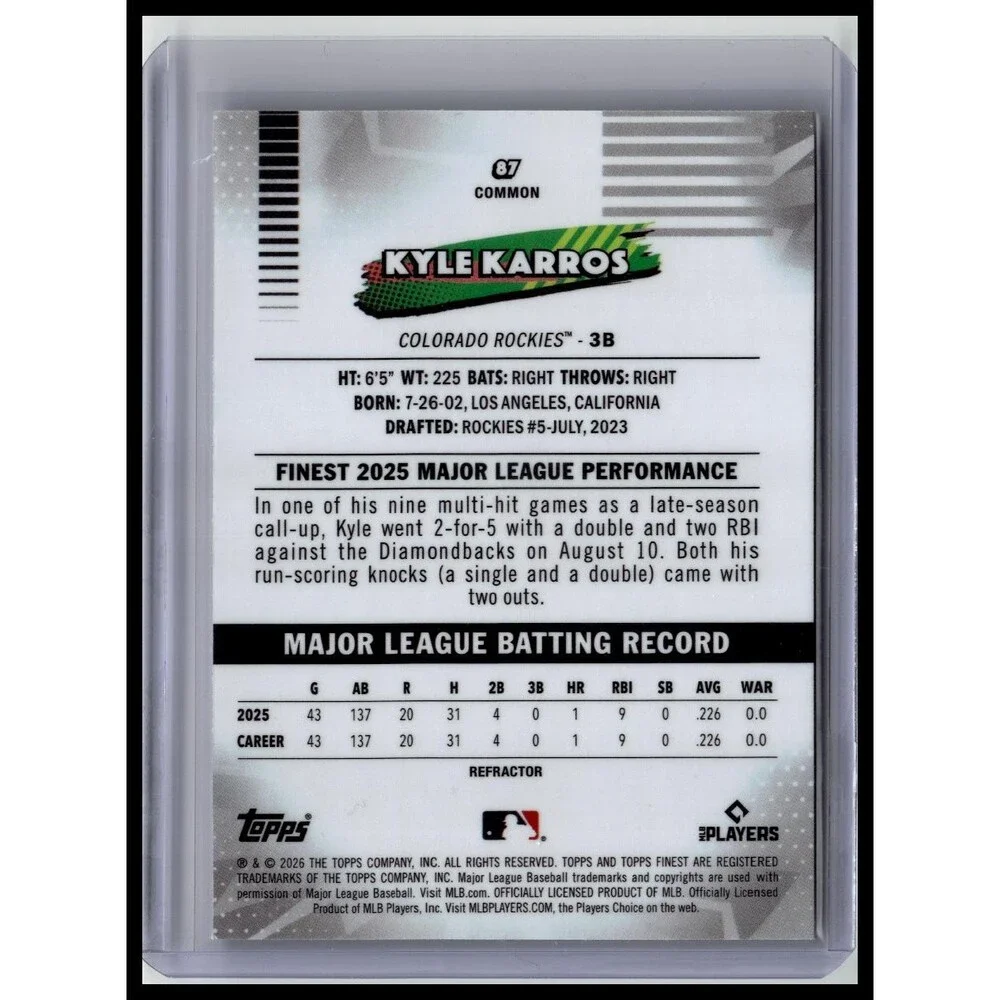 Topps 2026 Finest Kyle Karros COL Rookie RC Base Common Refractor